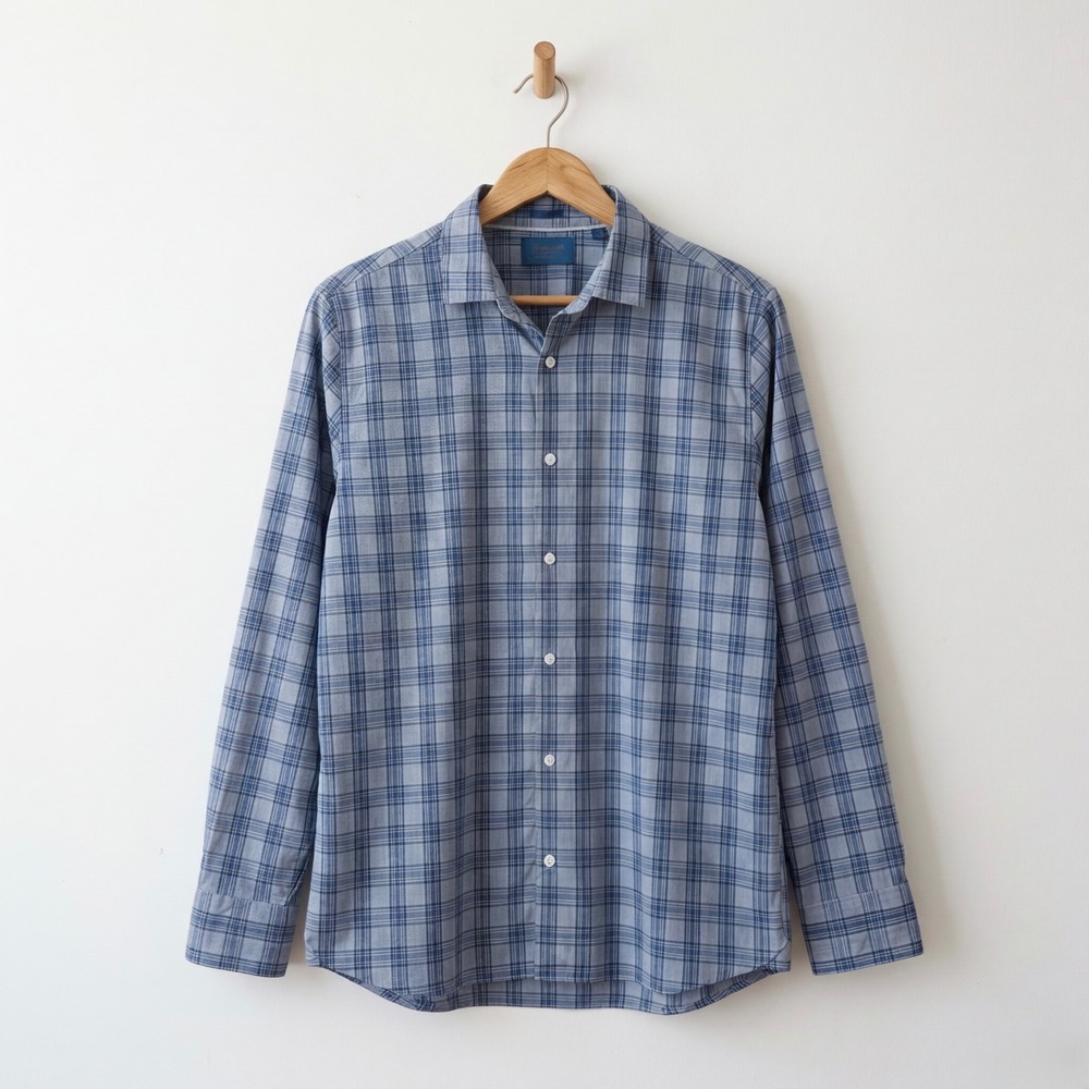 Fairlane Mens Regular Fit Non-Iron Stretch Plaid‎ Button Up Shirt Blue Large